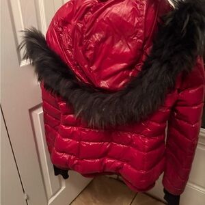 Moncler Red Puffer Jacket with Black Fur Trim